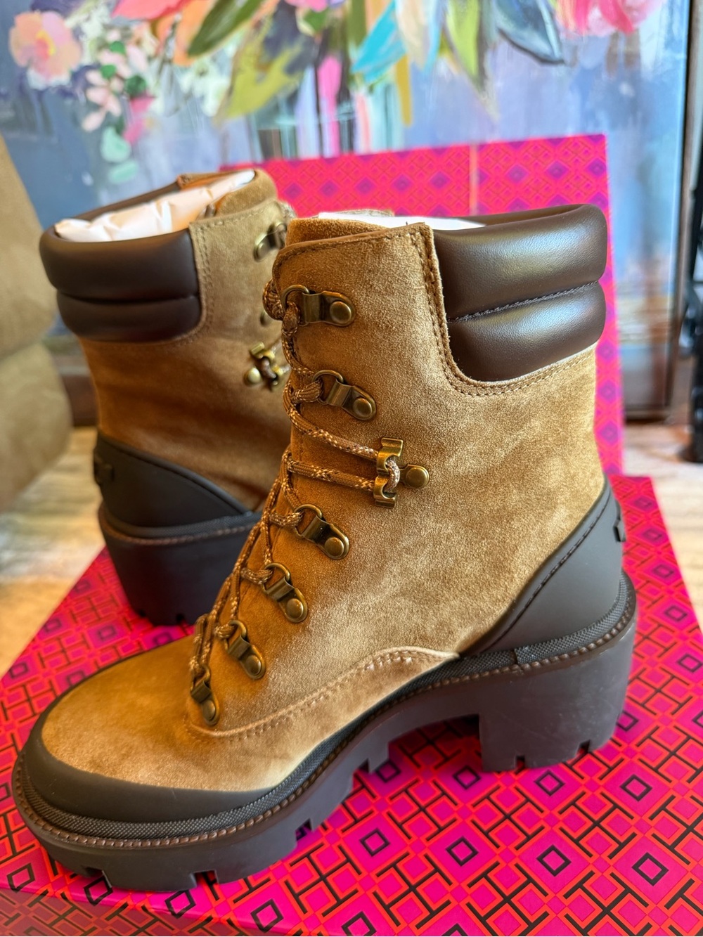 Tory Burch Suede Lug Sole Lace-Up Hiker Ankle Boots
